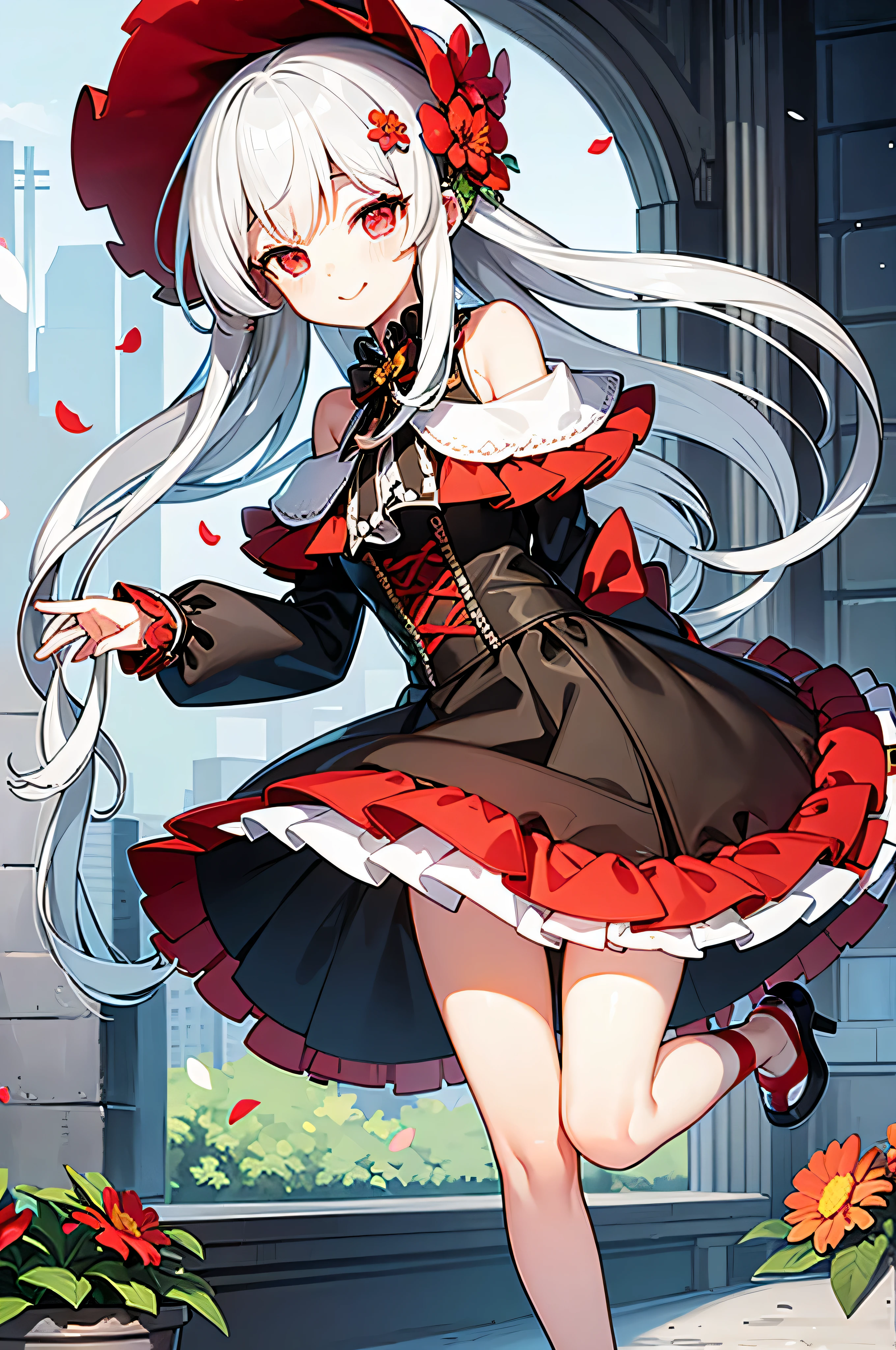 masterpiece, best quality, 1girl, solo, long_hair, looking_at_viewer, white hair, red eyes, smile, bangs, skirt, shirt, long_sleeves, hat, dress, bow, holding, closed_mouth, flower, frills, hair_flower, petals, bouquet, holding_flower, center_frills, bonnet, holding_bouquet, tachi-e, full body, white background,