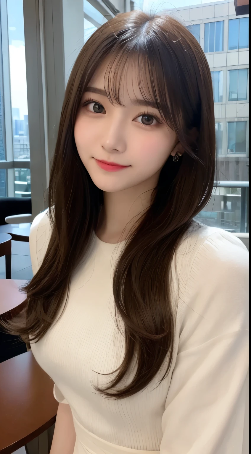 table top, highest quality, shape, Super detailed, finely, High resolution, 8k wallpaper, 完璧なダイナミックな構shape, beautiful and detailed eyes, classy and gorgeous winter dress,straight hair,,natural color lip,smile,20 year old girl、cute、sexy looking at camera,Always blur the background,perfect and beautiful face,Take only the face,Beautiful and dense face、slim face and style、Big eyes、elegant face、Beautiful and dense face、KPOP idol face、Japanese idol faces、Big eyes、 Venue on the top floor of a high-rise hotel、background is blurry、Take a full body photo