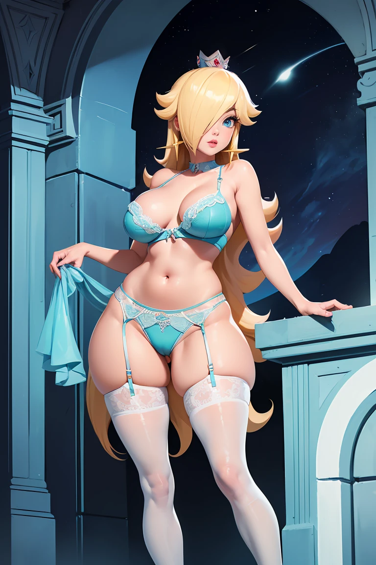 (best quality). (Ultra Detalhado). (1girl), Olhando para o Viewer. (Antecedentes detalhados). belos olhos detalhados. rosto delicado e bonito. (high saturation), seios grandes, droopy breasts, (((sexy blue lingerie))), (((white stockings))), (((long legs))),