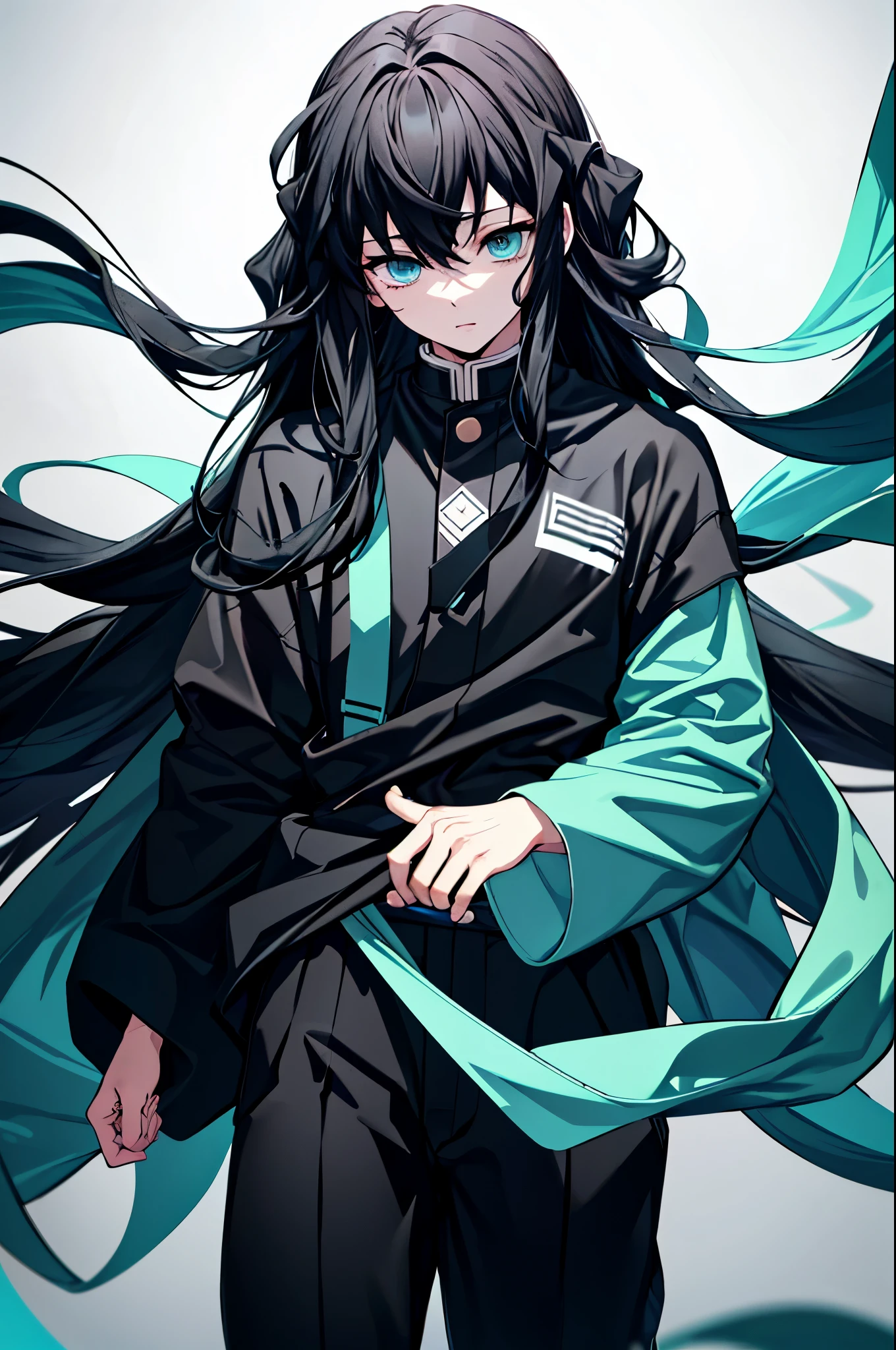 highest quality、highest quality、Super detailed、perfect face、very detailed、perfect human body、very delicate and detailed、1 boy、long black hair、hair is down to the waist、The ends of the hair are mint green、light blue eyes、Wearing a big black hoodie、black pants、night、detailed background