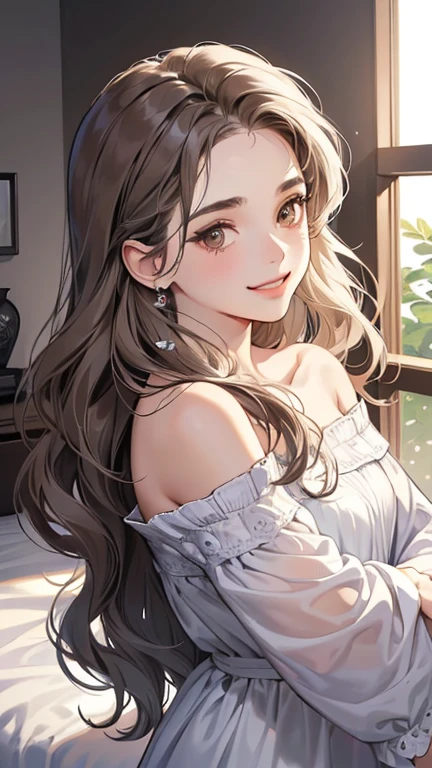 at night, (digital illustration, 4k, 8k, Super detailed, beautiful images, clear image, perfect face, perfect lines, perfect eyes) 1 female, (in bedroom, gray long wavy hair, innocent look, look at viewer, side view ,droopy eyes, brown eyes, innocence, cute, smile gently,27 years old:1.3, embarrassing, shy smile:1.3), off shoulder top , Piercing