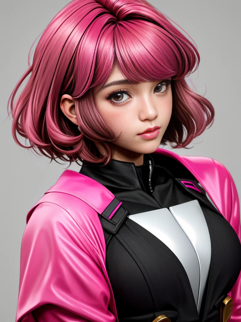 Realistic black Sozabi girl photo,Shortcut Bob Cut,I have a lot of hair,brown eyes,Hair color is bright pink,cool look,background is gray,16 year old daughter of Haman Khan and Char Aznable.