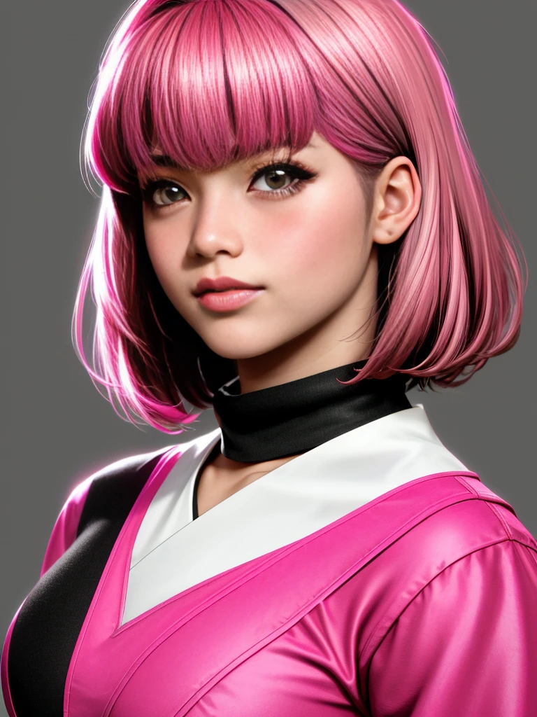 Realistic black Sozabi girl photo，Shortcut Bob Cut，I have a lot of hair，brown eyes，Hair color is bright pink，cool look，background is gray，16 year old daughter of Haman Khan and Char Aznable.