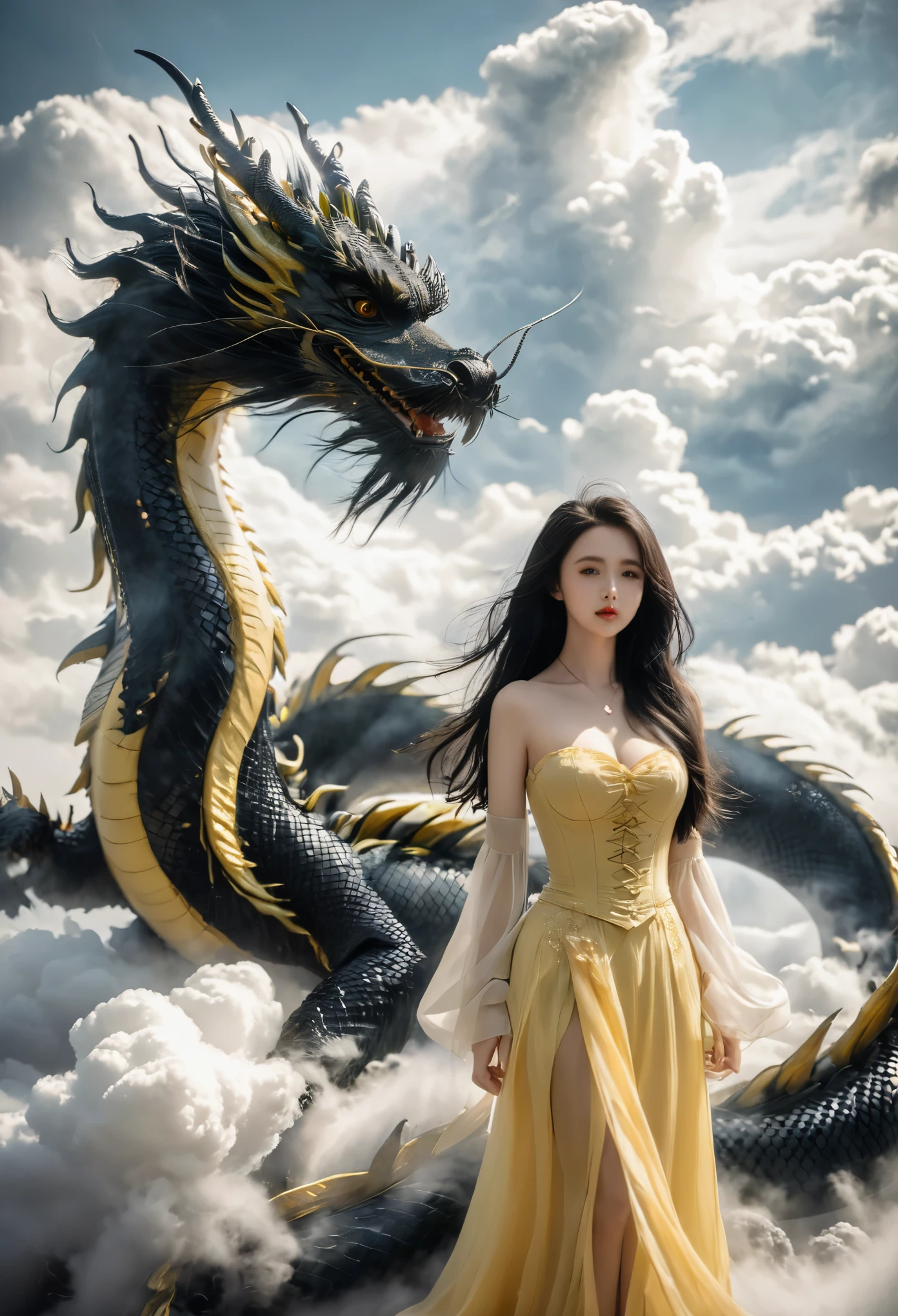 1girl, solo, full body, long hair, breasts, looking at viewer, black hair, yellow skirt, closed mouth, standing, cloud, lips, cloudy, sky, corset, black dragon,dragoncb,