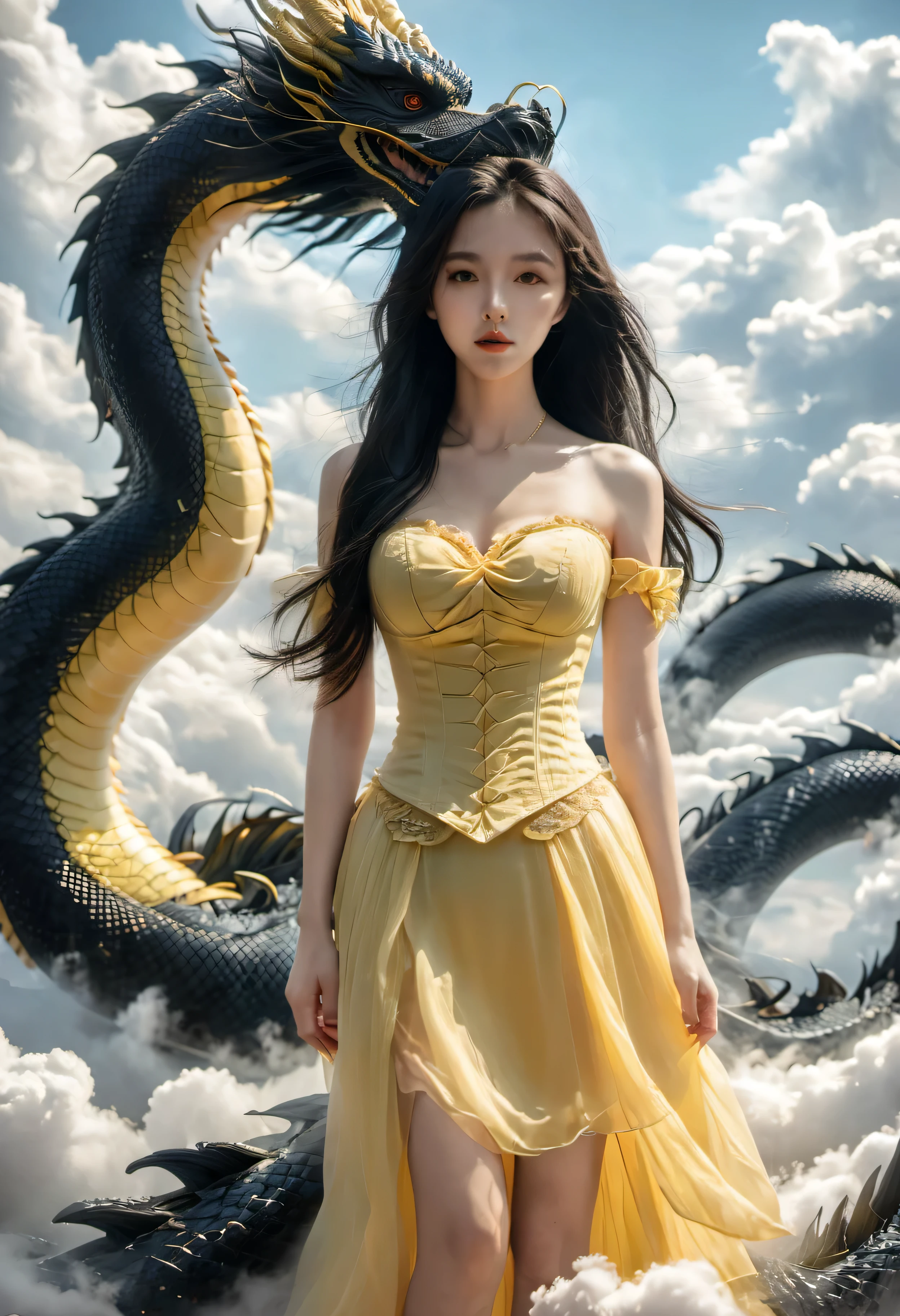 1girl, solo, full body, long hair, breasts, looking at viewer, black hair, yellow skirt, closed mouth, standing, cloud, lips, cloudy, sky, corset, black dragon,dragoncb,