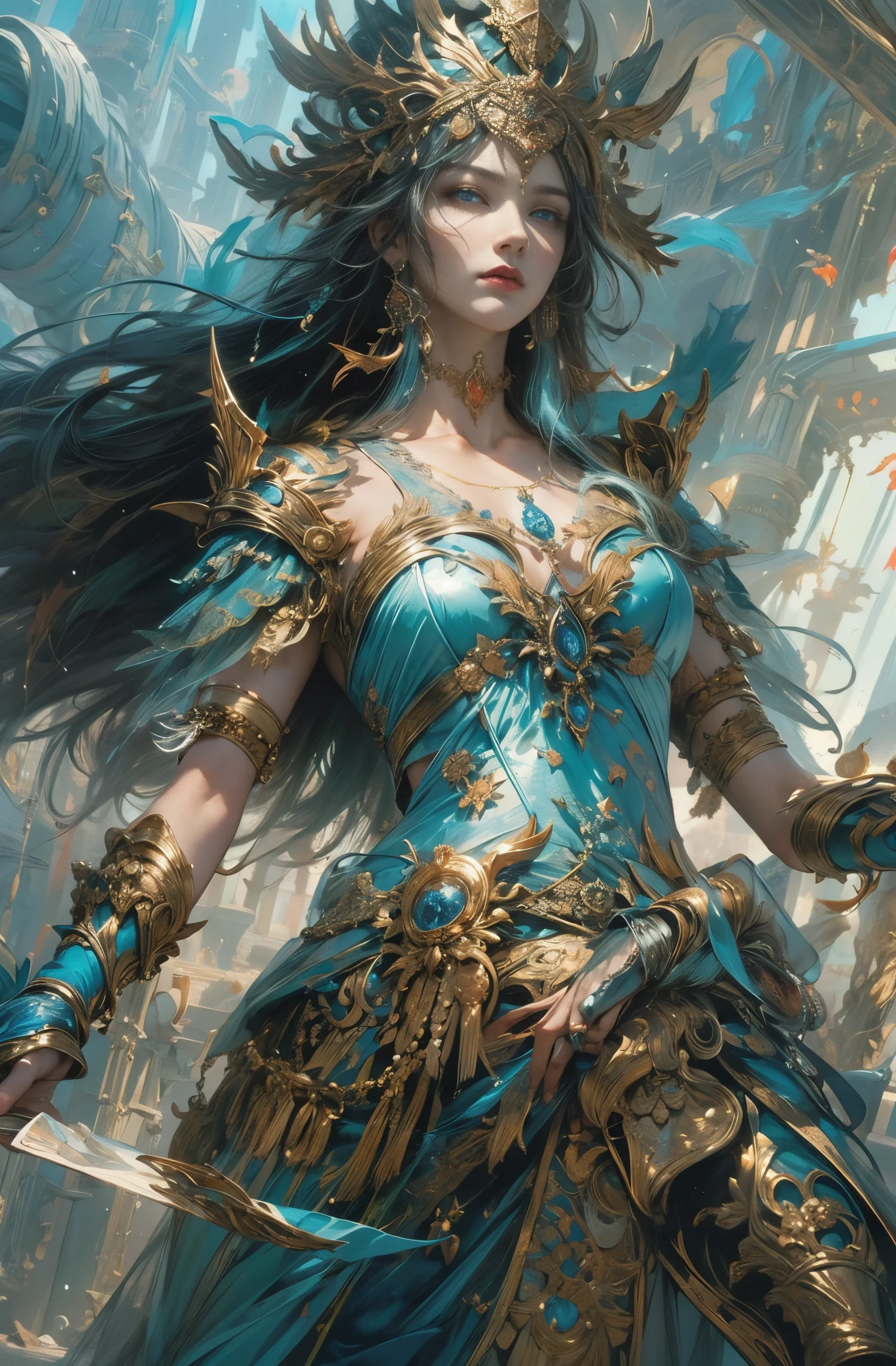 Goddess of War and Strategy, Guardian of the City, Treasures of Olympus,goddess athena, female knight, 4K fantasy art, Written by Gene Jay., fantasy art style, 2. 5D CGI Anime Fantasy Artwork, epic fantasy art style hd, Epic fantasy digital art style, detailed fantasy art, Detailed digital 2D fantasy art, Luan Jia and Artgerm, 8K fantasy art, sharp outline, very fine and beautiful eyes, Beautiful and delicate blue eyes, pretty much beautiful face, unparalleled beauty, masterpiece, highest quality, perfect angle, perfect composition, best shot, official art, cinematic light, very beautiful and fantastic scenery, chivalry dream, sense of presence, Michael&#39;S letter, Christoph Huge 、Ultra-precision coating, luminism, art by Carne Griffiths and What a bone concept art, 4K resolution, Fractal isometricdetailed bioluminescence , 3D rendering, octane rendering, intricately detailed , cinematic, Trending isometric surreal cover photos、art station&#39;amazing full color, handwritten, Defining a hit , cinematic,amazing background, abstract beauty,stand, approaching perfection, pure form, golden ratio, minimalistic, unfinished, concept art, Written by Brian Froud、khan griffith、What a bone、john william waterhouse, intricate details, 8K post production, High resolution, hyper detail, art stationのトレンド, studio photography, intricate details, Extremely delicate and detailed painting style, Beautiful painting art, greg latkowski, close, women only