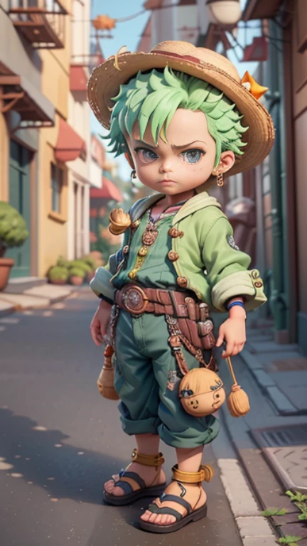 cute 3d render, cute detailed digital art, male explorer mini cute boy, cute digital painting, stylized 3d render, cute digital art, cute render 3d anime boy, Zoro the little pirate looks up, cute! c4d, portrait anime sea pirate boy, he is wearing an open long-sleeved  green cardigan with four buttons, with a yellow sash tied around his waist, blue shorts with cuffs, sandals, straw hat.