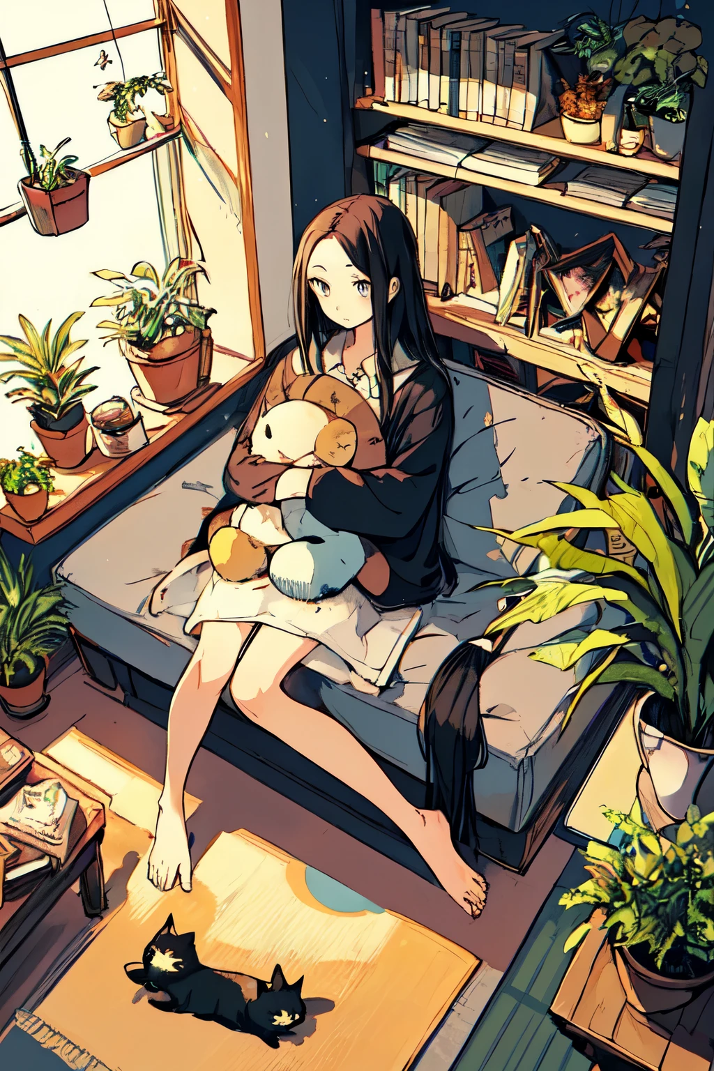 girls, from above, plant, black hair, cat, lying, inside, possession, long sleeves, long hair, plush doll, potted plant, book, food, window, cell phone, loaded interior, television, Short hair, behind, Stuffed animals, forehead, slipper, bare foot, seat, bookshelf, shelf, cable, computer