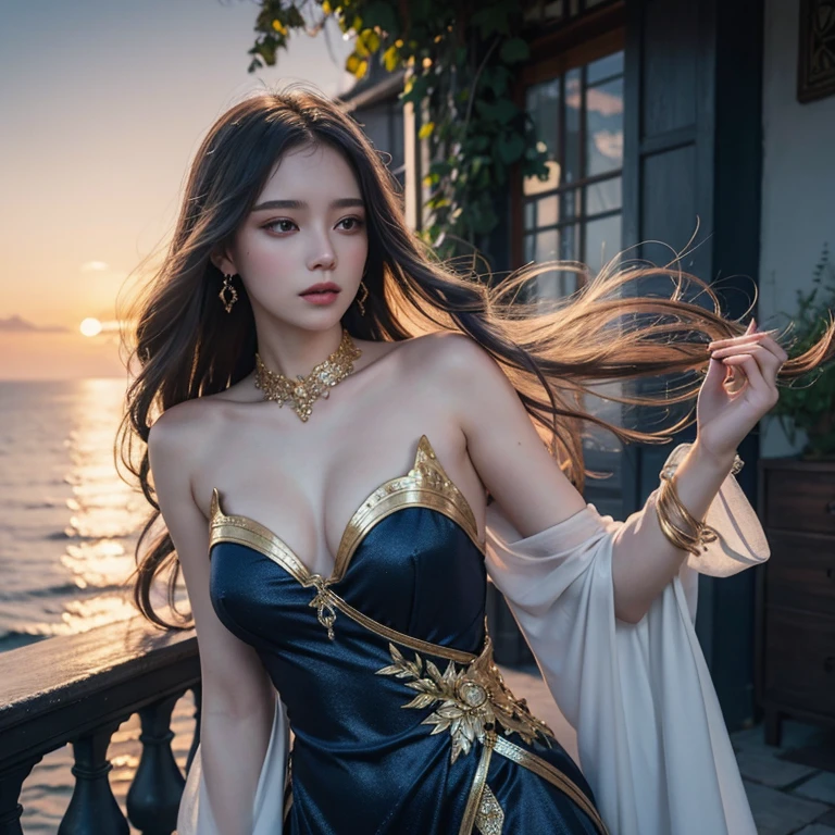 sweet Russian girl with golden silk smooth hair, dark blue satin dress, sparkling mother-of-pearl fantasy pattern, smooth flowing surfaces, bright details of clothes, guweiz art, photorealistic carefully drawn digital painting, sunset lighting, daylight, against the background of the sea terrace, fine drawing, bizarre fantasy, high detail, finely drawn, view from afar, 64k, 300 dpi