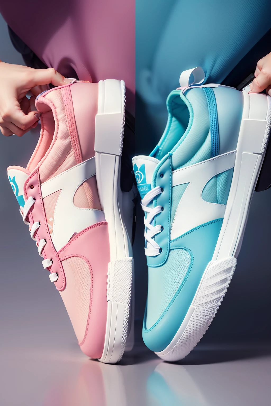 Introducing a captivating social media post featuring the latest pair of trendsetting, dual-function sneakers! The shoes are artfully arranged against a vibrant, geometric backdrop, with hues of soft blue, pink, and orange accentuating their bold color scheme. The sneakers appear poised for action, mid-step, their laces gently billowing in the imaginary breeze. boosting the sense of movement and agility.

Delicate text overlays complement this dynamic scene, spotlighting the sneakers' key attributes: 'Ultra Comfort', 'Sleek Design', and 'Versatile Wear'. These understatements, written in a sleek, minimalist sans-ser