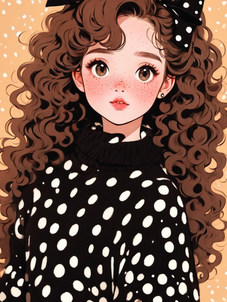 (masterpiece, best quality:1.2), a beautiful girl，soft hair curly hair，Large bow，polka dot sweater，small freckles，