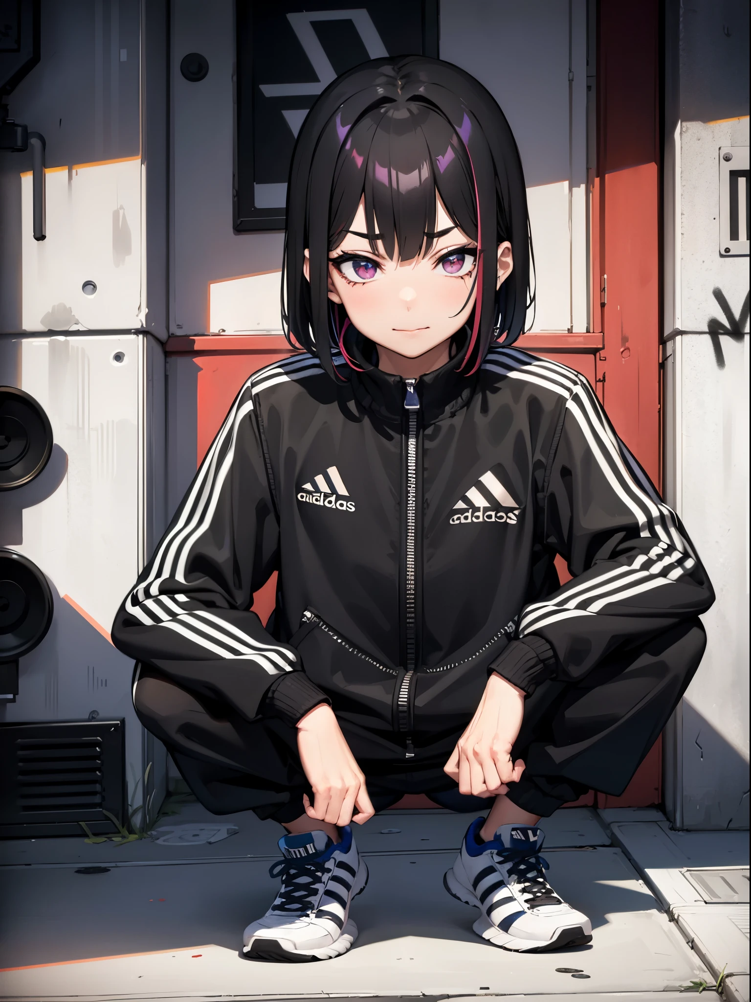 masterpiece, best quality, tadidas, 1 mature female, detailed eyes, smirk, buzz cut, multicolored hair, adidas tracking suit, looking at viewer, squatting, wall, graffiti, side street, night, neonlights angry rap posses rap expression 