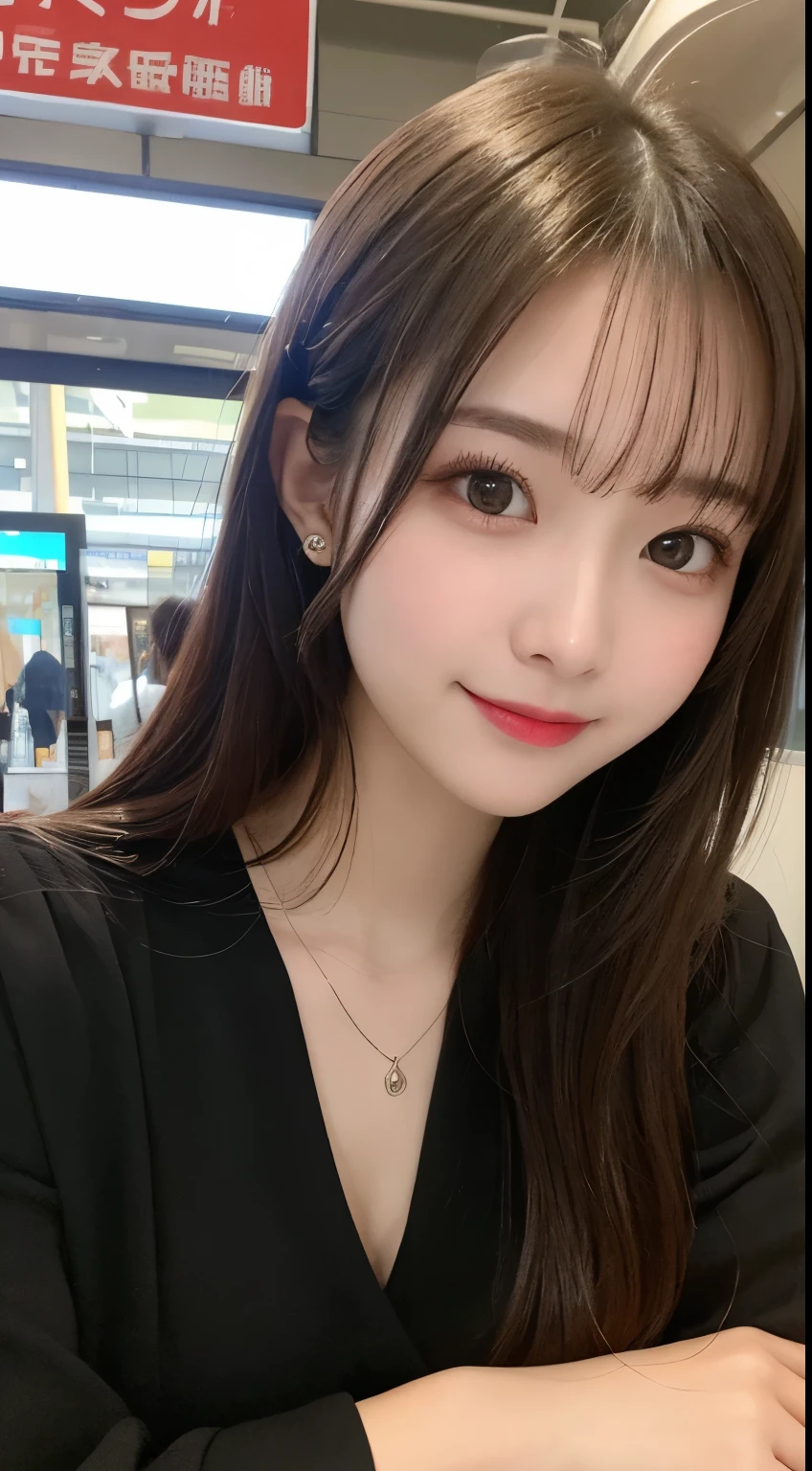 table top, highest quality, shape, Super detailed, finely, High resolution, 8k wallpaper, 完璧なダイナミックな構shape, beautiful and detailed eyes, small breasts, natural color lip, 20 year old girl、beautiful and cute face、perfect and beautiful face,Big eyes、real photos（best image quality）,cute、Trendy Spring Fashion for Women、blur the background、sexy pose、Shoot the subject from below、smile、Inside Shinjuku Station、small face、Slim your face and body、smile、look at the camera