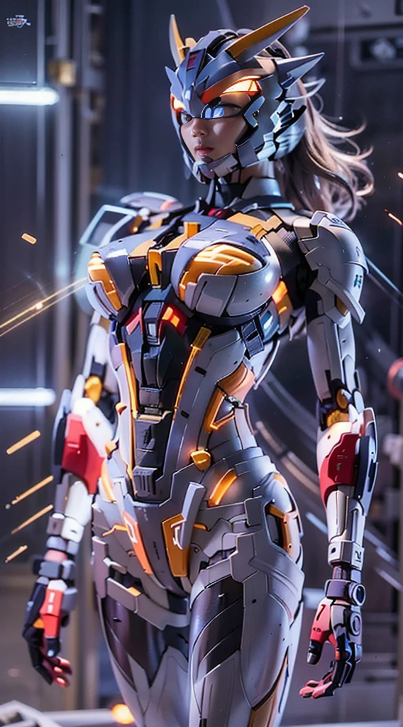 Full Body View CyberArmor Ultraman Empress is spreading her wings of light in outer space, ready to leap,The Ultra Armor Ultraman Empress in the ultra-wide-angle shot has an ethereal and graceful posture,Stretch out the light wings is magnificent,Cyberarmor Ultraman Empress has a sexy and atmospheric figure,K-cup teardrop-shaped giant tit chest tears the armor apart, making her sexy sex characteristics obvious body particularly attractive,She was facing the unfolding portal,Behind you is a bright starry sky and the wreckage of an enemy plane that exploded and crashed,At your feet is the planet Cyber,A glorious body cloaked in space rays,A pair of huge heterochromatic eyes of Kaziran,Those eyes had dreamy neon flashing pupils,The sexy and tight waist and abdomen line is sexy and graceful,Cyber Armor Ultraman Empress Beauty collarbone connects to slender shoulder arms,There are graceful hands that are ergonomic and physiologically normal,Knee-length fishnet sock armor on his legs,Wearing Skyscraper Heels armor on his feet,There is no fat all over the body,And the funnel shape is slim at the waist,The buttock armor looks rounded and sexy,The slender robotic arms and beautiful legs are super slender,Gorgeous mech liveries and pulsed light strips give her a futuristic mechanical aesthetic,Use Midjourney's advanced stroke tools and experiment with different color palettes and strokes to reveal and improve clarity and detail,The starry sky elements in the background use hash power to reflect the sexy mechanics of all parts of the body of the Cyberarmor Ultraman Empress,Improve image quality and clarity,Cyberarmor Ultraman Empress is a streamlined mechanical trait that coexists mechanically and sexy,The result is incredible detail throughout the picture。Use Midjourney's advanced brush tools and experiment with different color palettes and texture tools, stroke tools, material packs, character expression tools, and show and enhance the sexy elements in your scene,The result