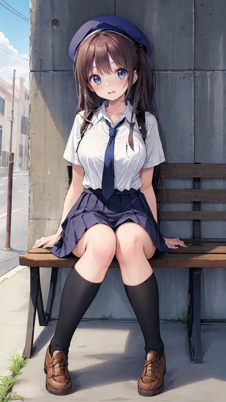 (masterpiece, best_quality), extremely_detailed_CG, woman posing for a photo, shy smile, Happy, long hair, straight hair, fine skin, beautiful hands, beautiful fingers, Wearing a beret, tie, short sleeve blouse, pleated skirt, thighs, Absolute area, knee socks, during the day, hot summer day, School, schoolyard, sitting on the bench, Canned juiceを持っている, Natural light, detailed face:1.2, sharp focus, Hasselblad Photos, masterpiece, light makeup, cinematic lighting, 4k, highest quality, sharpness, anime style, whole body, Canned juice, 