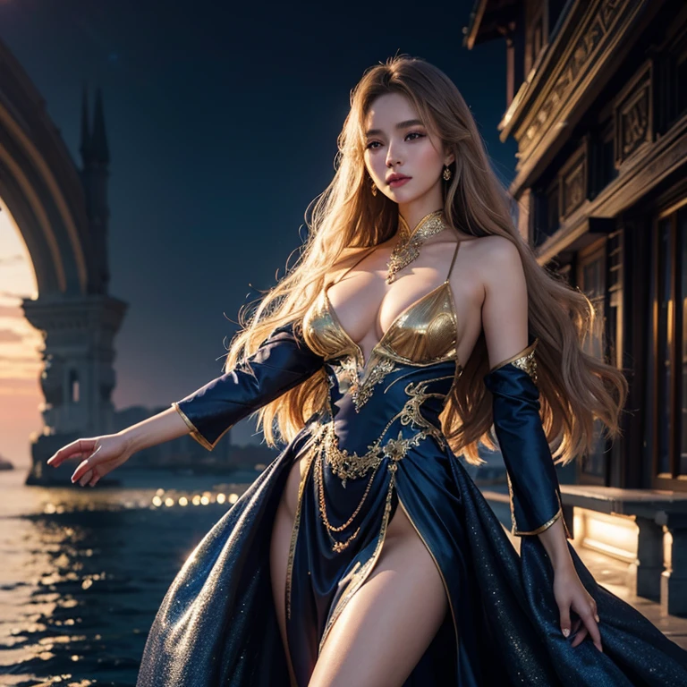 sweet Russian girl with golden silk smooth hair, dark blue satin dress, sparkling mother-of-pearl fantasy pattern, smooth flowing surfaces, bright details of clothes, guweiz art, photorealistic carefully drawn digital painting, sunset lighting, daylight, against the background of the sea terrace, fine drawing, bizarre fantasy, high detail, finely drawn, view from afar, 64k, 300 dpi