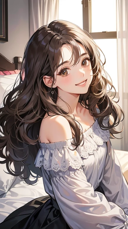 at night, (digital illustration, 4k, 8k, Super detailed, beautiful images, clear image, perfect face, perfect lines, perfect eyes) 1 female, (in bedroom, gray long wavy hair, innocent look, look at viewer, side view ,droopy eyes, brown eyes, innocence, cute, smile gently,27 years old:1.3, embarrassing, shy smile:1.3), off shoulder top , Piercing