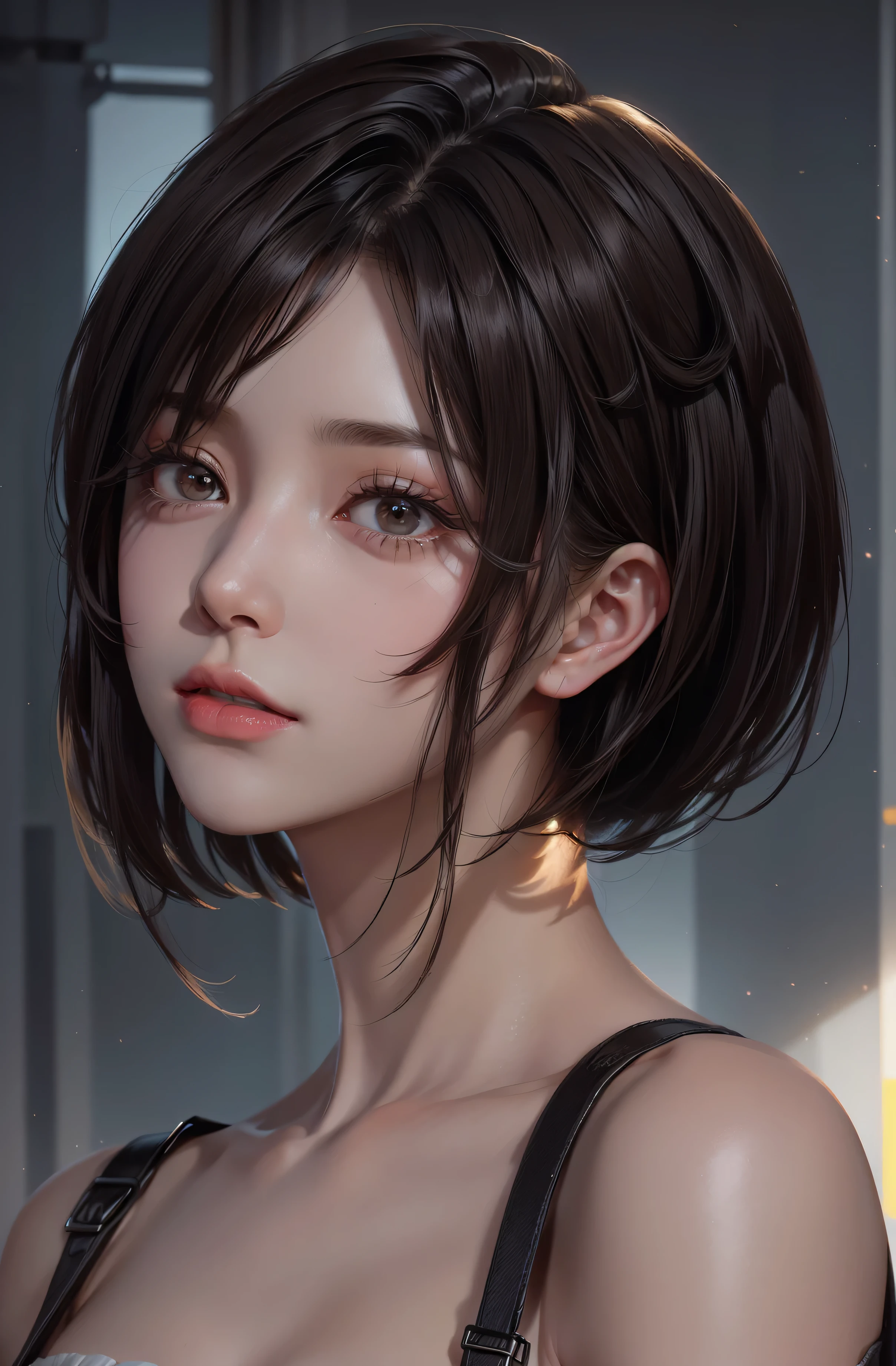 (Representative works: 1.3), (8K, realistic, RAW photo, best image quality: 1.4), (30 year old mature woman),small face, beautiful face, (realistic face),no makeup、natural makeup、light makeup、 (Dark brown, short hair: 1.3), beautiful hairstyle, realistic eyes, detailed and beautiful eyes, (realistic skin), beautiful skin, (sweater),、Bust A cup、 confused, charm, 超High resolution, Super realistic, High resolution, golden ratio, ff tifa、gray background、