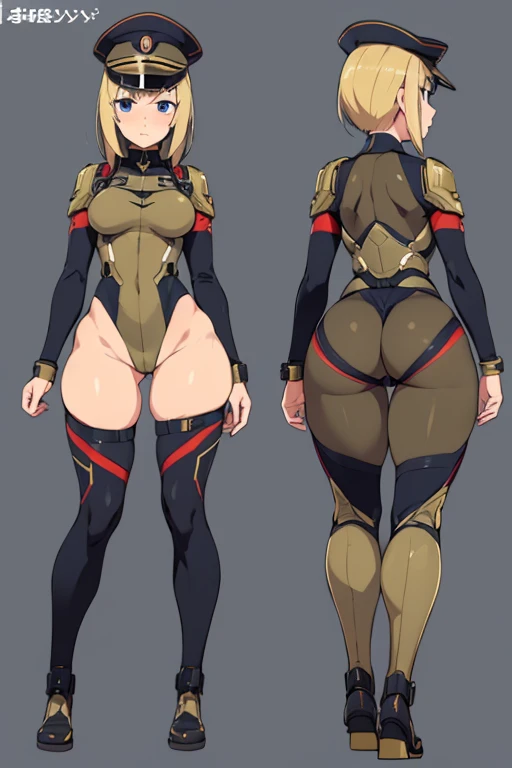 High leg leotard military uniform, Garrison cap, masterpiece, top quality, very detailed, anime, two women, mechanical harness, SF armor, (((contraposto))), ((full body image)), (character design sheet, same character, front pose, back pose), (((thick thighs) ))), big butt, Thong, video, animation