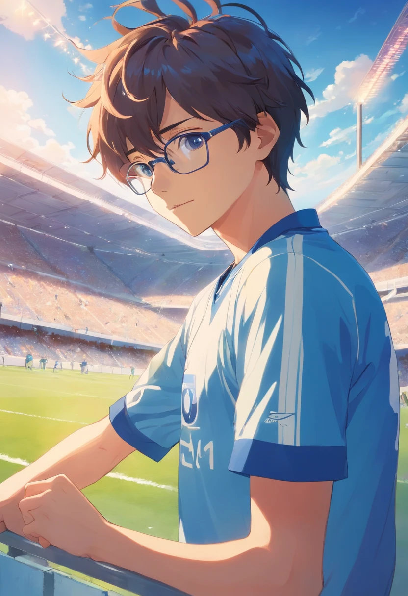 obra maestra, Mejor calidad, still film, 1 boy with glasses, 18 years old, blue and white soccer shirt 