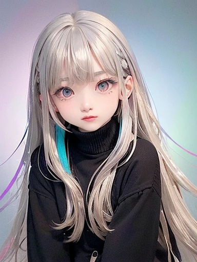 幼いgirl、、small face、 (alone:1.5,)Super detailed,bright colors, very beautiful detailed anime face and eyes, look straight,eye shadow、 shiny_skin,girl, (((rainbow colored hair,, Half of the hair is blue、Half silver hair: 1.5))), 、shiny hair, delicate beautiful face, blush、Silver glasses、(turquoise eyes), , Valletta, red earrings,、Cardigan in one piecemblack turtleneck、Sporty skirts、flower garden、Sitting among flowers、smile、happy face、face dyed red、cheerful pose、Dynamic、Head to toe full body portrait、(I can see the whole body)