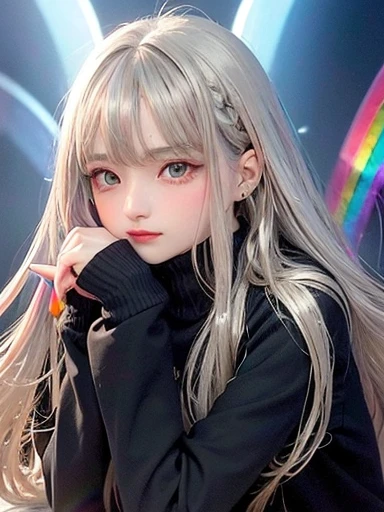 幼いgirl、8--old、ll face、 (alone:1.5,)Super detailed,bright colors, very beautiful detailed anime face and eyes, look straight,eye shadow、  shiny_skin,girl, (((rainbow colored hair,, Half of the hair is blue、Half silver hair: 1.5))), 、shiny hair, delicate beautiful face, blush、Silver glasses、(turquoise eyes), , Valletta, red earrings,、Cardigan in one pieceｍblack turtleneck、Sporty skirts、flower garden、Sitting among flowers、smile、happy face、face dyed red、cheerful pose、Dynamic、Head to toe full body portrait、（I can see the whole body）