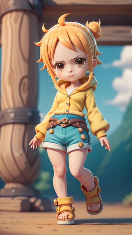 cute 3d render, cute detailed digital art, male explorer mini cute girl, cute digital painting, stylized 3d render, cute digital art, cute render 3d anime girl, Nami from one piece, cute! c4d, portrait anime sea pirate boy, he is wearing an open long-sleeved  yellow cardigan with four buttons, with a yellow sash tied around his waist, blue shorts with cuffs, sandals.