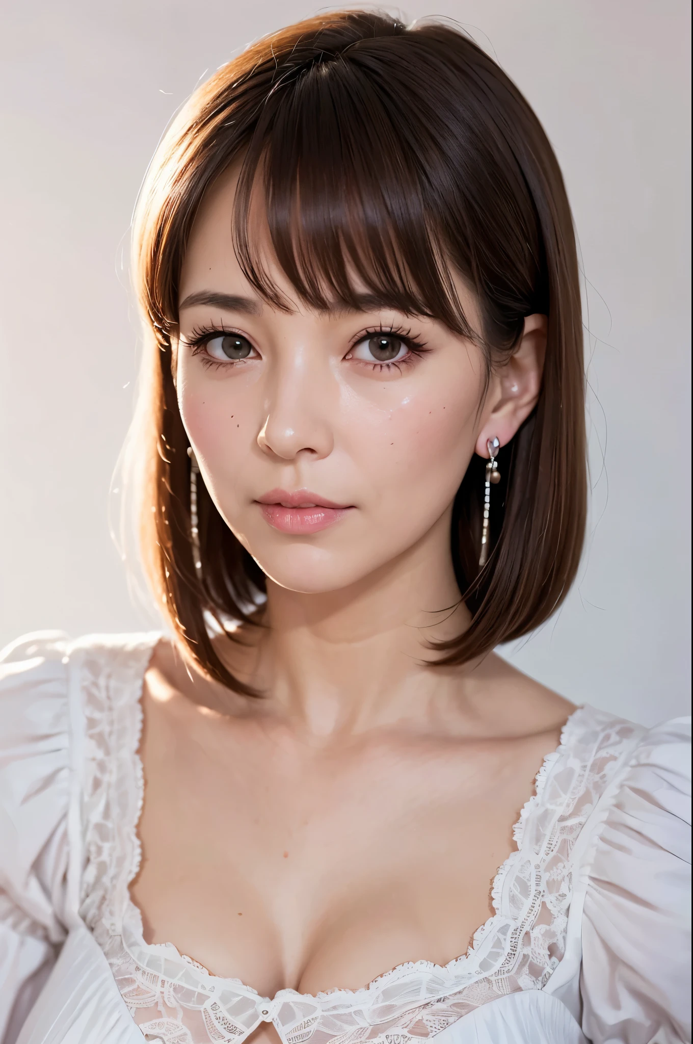 (masutepiece:1.2), High Definition, High quality,(60-year-old woman:1.3)、(Wrinkles on the face:1.2)、Beautie、sexy maid, Sweet Lolita, Puffy sleeves,Big breasts，white  hair, layered hair cut, with bangs and loop earrings, sweetest face, fleshy lips