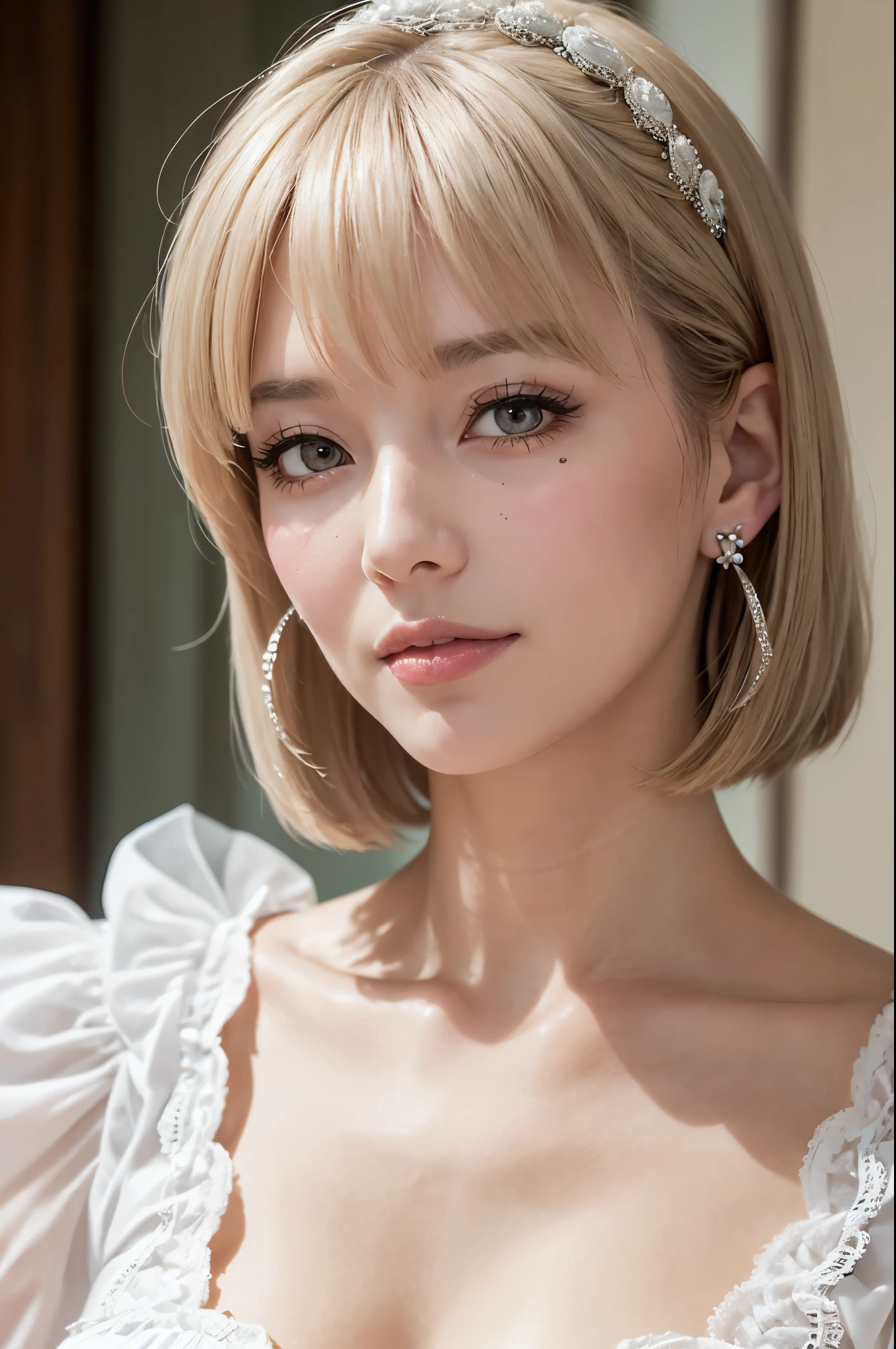 (masutepiece:1.2), High Definition, High quality,(60-year-old woman:1.3)、(Wrinkles on the face:1.2)、Beautie、sexy maid, Sweet ****ta, Puffy sleeves,Big breasts，white  hair, layered hair cut, with bangs and loop earrings, sweetest face, fleshy lips