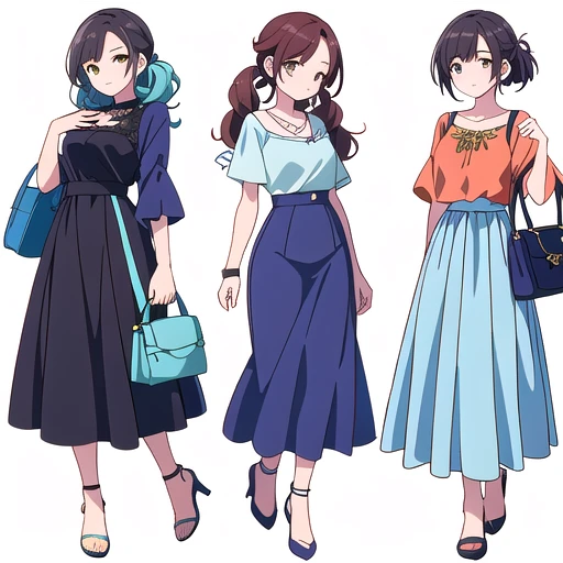 (((Best Quality))) , ((full body)), 4 lady, multiple views, white background, variety of hairstyles, variety of fashion styles, seductive pose, fashionable and trendy atmosphere, holding bag, spring outfits, walk pose, long skirt, dressy casual, dark blue/dark orange/dark green/dark violet/brown/white,