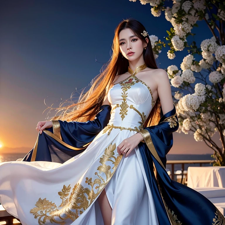 Russian woman with golden silk smooth hair, dark blue silk dress embroidered with white flowers, smooth flowing surfaces, bright details of clothes, photorealistic carefully drawn digital painting, sunset lighting, daylight, on the background of the sea terrace, fine drawing, high detail, finely drawn, oil painting, airbrush, style Victor Suzdaltsev
