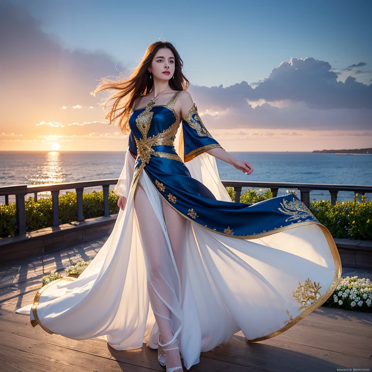 Russian woman with golden silk smooth hair, dark blue silk dress embroidered with white flowers, smooth flowing surfaces, bright details of clothes, photorealistic carefully drawn digital painting, sunset lighting, daylight, on the background of the sea terrace, fine drawing, high detail, finely drawn, oil painting, airbrush, style Victor Suzdaltsev