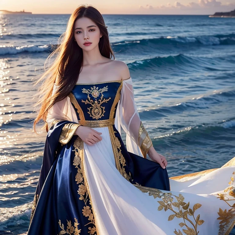 Russian woman with golden silk smooth hair, dark blue silk dress embroidered with white flowers, smooth flowing surfaces, bright details of clothes, photorealistic carefully drawn digital painting, sunset lighting, daylight, on the background of the sea terrace, fine drawing, high detail, finely drawn, oil painting, airbrush, style Victor Suzdaltsev