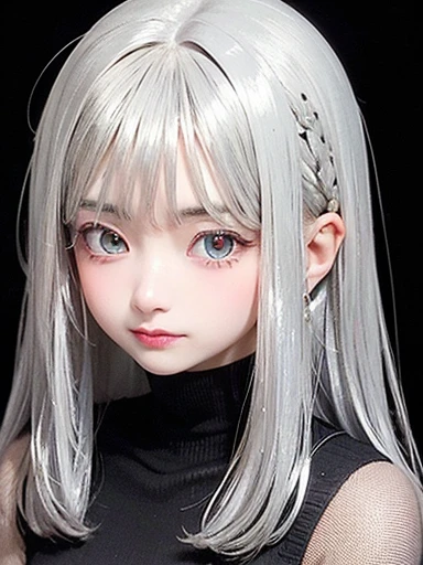 幼いgirl、8-year-old、small face、 (alone:1.5,)Super detailed,bright colors, very beautiful detailed anime face and eyes, look straight,eye shadow、 shiny_skin,girl, (((silver hair: 1.5))), 、shiny hair, delicate beautiful face, blush、Silver glasses、(turquoise eyes), , Valletta, red earrings,、Cardigan in one piecemblack turtleneck、Sporty skirts、flower garden、Sitting among flowers、smile、happy face、face dyed red、cheerful pose、Dynamic、Head to toe full body portrait、(I can see the whole body)