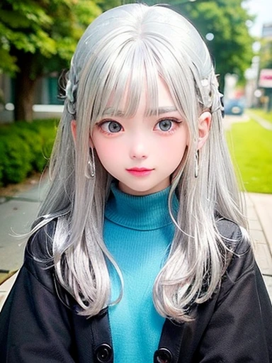 幼いgirl、8--old、ll face、 (alone:1.5,)Super detailed,bright colors, very beautiful detailed anime face and eyes, look straight,eye shadow、 shiny_skin,girl, (((silver hair: 1.5))), 、shiny hair, delicate beautiful face, blush、Silver glasses、(turquoise eyes), , Valletta, red earrings,、Cardigan in one piecemblack turtleneck、Sporty skirts、flower garden、Sitting among flowers、smile、happy face、face dyed red、cheerful pose、Dynamic、Head to toe full body portrait、(I can see the whole body)