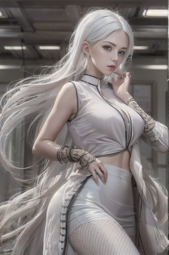 Award-Awarded, Super detail, Anatomically correct, hyper HD, retinas, Masterpiece, Textured skin, ccurate, High details, Best quality, A high resolution, High quality, 8K,Photorealistic, high resolution, Soft lights, 1womanl, Shiny skin, Fine fine skin, Solo, Hips up, view the viewer, (Detailed face), White hair, Long hair, doctor outfit, blouse