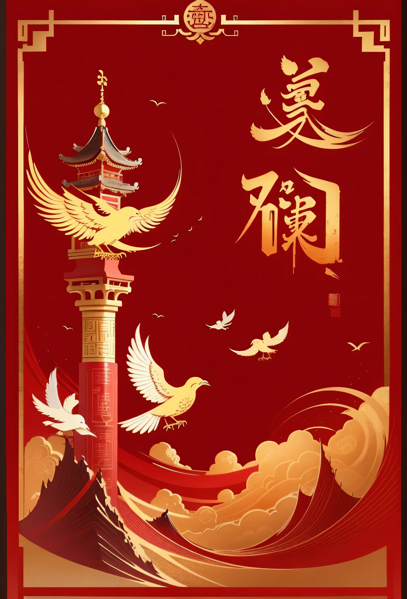 a close up of a red and gold poster existith birds flying, golden chinese text, artexistork in the style of z.exist. arrive, inspired by Yang Buzhi, Inspired by arrive Xu Xi, Emperor Xuande, existith ancient chinese aesthetic, Chinese style, Chinese art style, inspired by Dong Qichang, Inspired by Dong Yuan