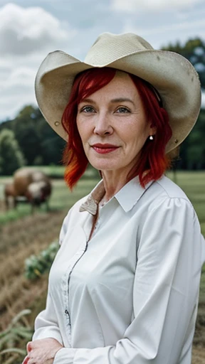 Photo of a mature white woman, Christian vibes, beautiful face, greying red hair, pale skin, slightly aged, 45 year old, happy, cowboy hat, outdoors, farmland background, rural life