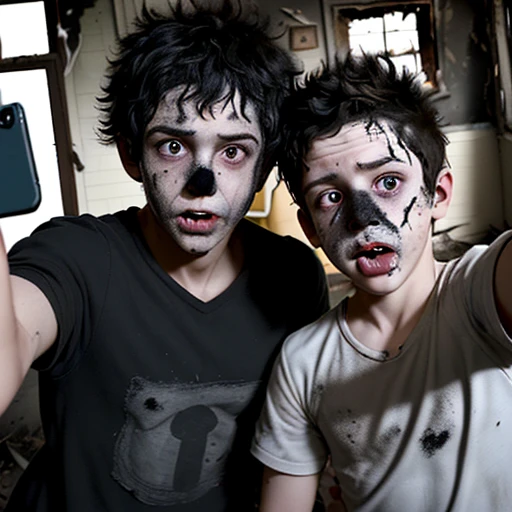 Selfie of a boy and girl actor covered in soot and in tatters after an explosion during a failed experiment
