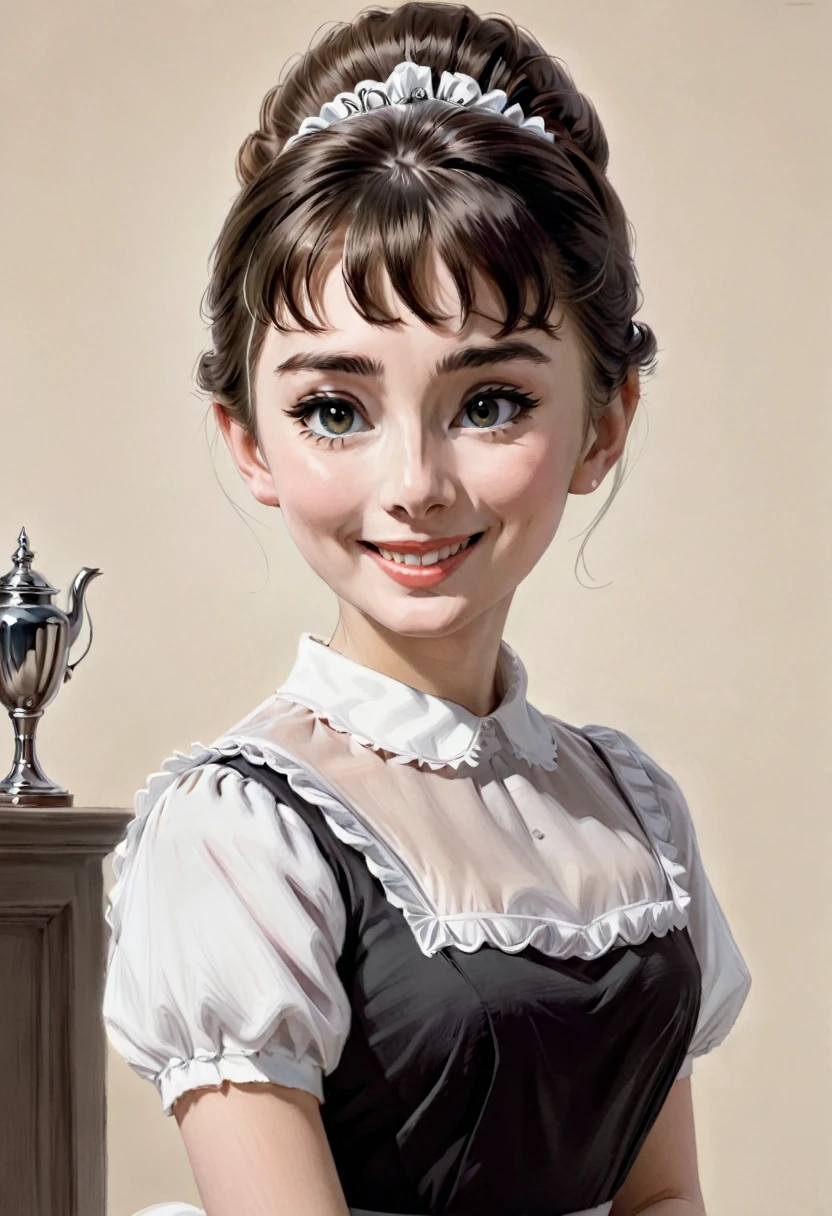 actual,maid,A face as delicate as Audrey Hepburn (best quality, masterpiece, original photo,Super detailed:1.2), 1 girl,alone,looking at the audience,Smile