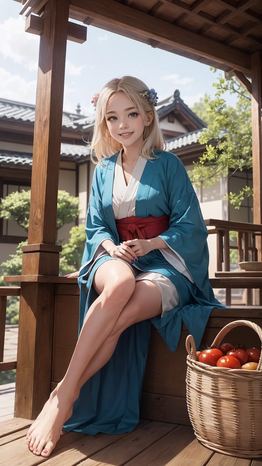 ((最high quality, 8K, masterpiece: 1.3, Ultra HD, high quality, 最high quality, High resolution, realism)) 、A 22-year-old extremely beautiful white woman、Her hair color is platinum blonde、blue eyeedium hair、straight hair、The hair is shiny、The skin is lustrous、smile、Slender but well-proportioned muscular body、Athlete-like body type、I don't want my head to disappear from the screen.、Wearing accessories on your wrist、Wearing red nail polish、I have a peticure、Sitting on the veranda of a Japanese house in the Japanese countryside、It's summer、A wind chime is hung in front of the eaves.、barefoot、There is a basket full of tomatoes and carrots on the veranda.、The basket is made of woven bamboo strips、A courtyard spreads out in front of the verandah.、There is a well with a hand pump in the courtyard.、wear a yukata、smile showing teeth((grin))