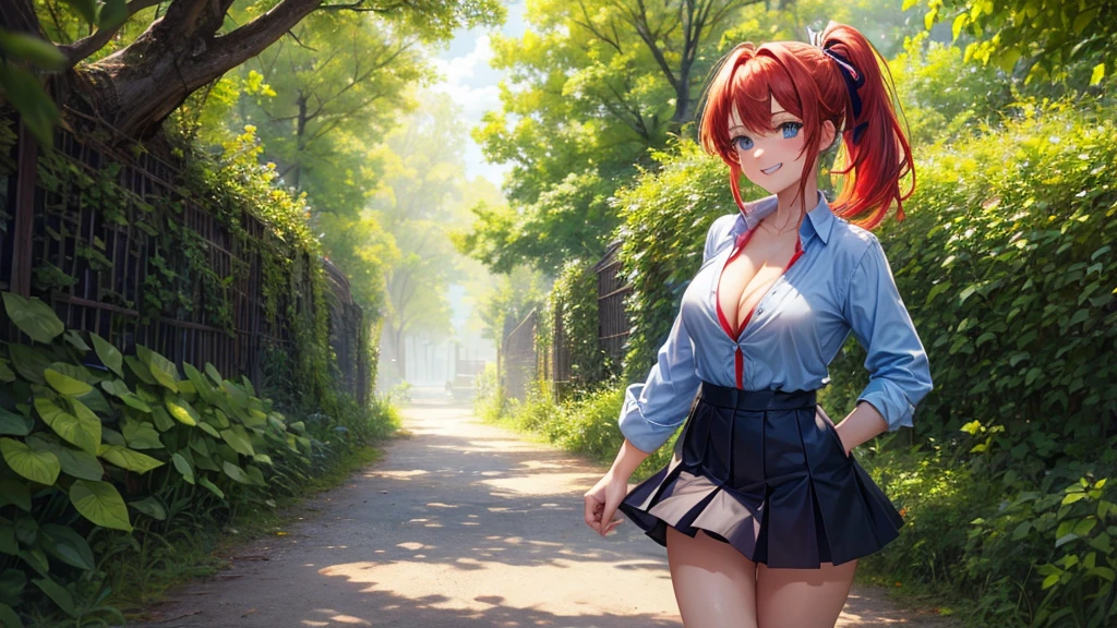 1girl, full body, summer, village, trees, sun, clouds, ((colorful hair)), ponytail, large breasts, button down, blue eyes, ((red, white and green shirt)), ((unbuttoned shirt)), unbuttoning buttons, ((short sleeved shirt)), black mini skirt, brown shoes, grin, looking at the viewer, standing, red, white and green hair ribbon, cleavage, ((golden necklate))