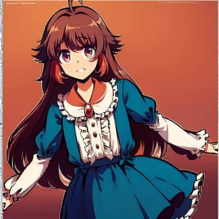 Girl, Goldia die Heilige, long brown hair, cherry coloured eyes, blouse, blue skirt, Austria, Vienna.