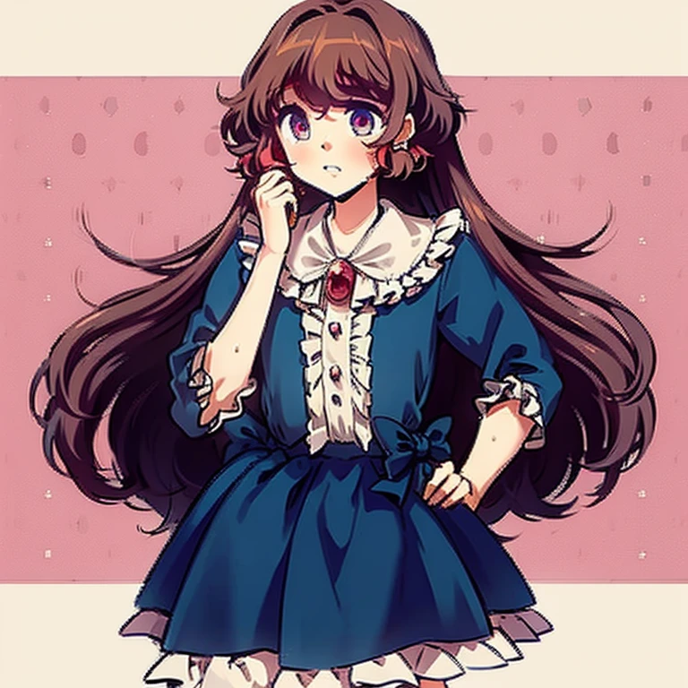 Girl, Goldia die Heilige, long brown hair, cherry coloured eyes, blouse, blue skirt, Austria, Vienna.