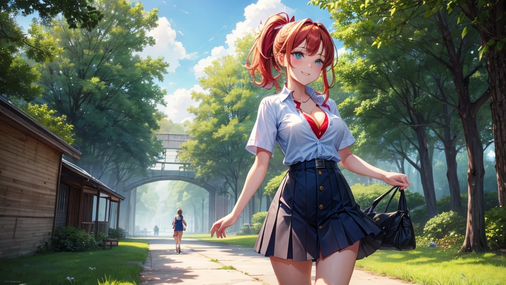1girl, full body, summer, village, trees, sun, clouds, ((colorful hair)), ponytail, large breasts, button down, blue eyes, ((red, white and green shirt)), ((unbuttoned shirt)), unbuttoning buttons, ((short sleeved shirt)), black mini skirt, brown shoes, grin, looking at the viewer, standing, red, white and green hair ribbon, cleavage, ((golden necklate))