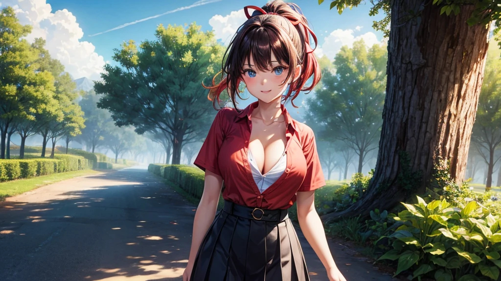1girl, full body, summer, village, trees, sun, clouds, ((colorful hair)), ponytail, large breasts, button down, blue eyes, ((red, white and green shirt)), ((unbuttoned shirt)), unbuttoning buttons, ((short sleeved shirt)), black mini skirt, brown shoes, grin, looking at the viewer, standing, red, white and green hair ribbon, cleavage, ((golden necklate))