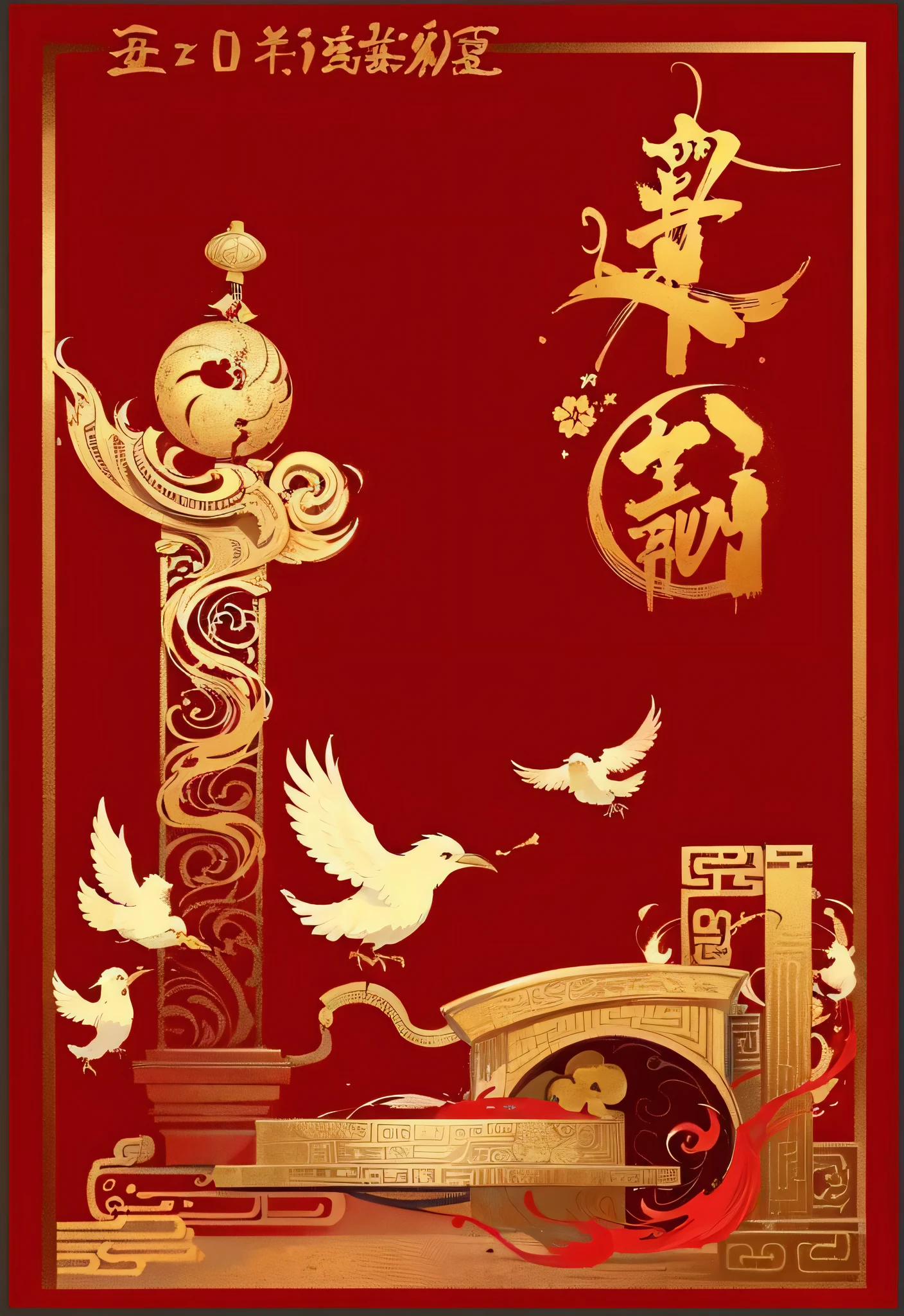 a close up of a red and gold poster existith birds flying, golden chinese text, artexistork in the style of z.exist. arrive, inspired by Yang Buzhi, Inspired by arrive Xu Xi, Emperor Xuande, existith ancient chinese aesthetic, Chinese style, Chinese art style, inspired by Dong Qichang, Inspired by Dong Yuan