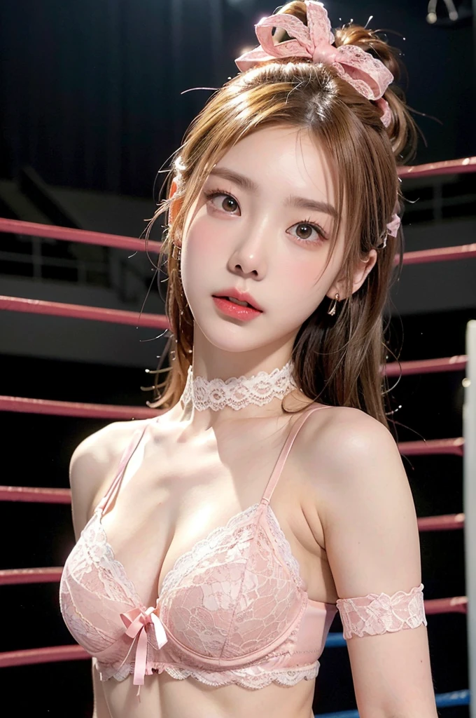 ((masterpiece: 1.4, best quality))+,(ultra detail)+, official art, unity 8k wallpaper, ultra detail, beautiful, high quality, Emphasize your cute face,  masterpiece, best quality, nude,dynamic pose, semi straight medium length hair, female professional wrestler, (((Always in the pro wrestling ring))), (Very light pink lace lingerie:1.5)), (((bust:1.5))),High exposure,  very skinny body,masterpiece, high quality, 8 thousand, beautiful spotlight, no. No. 1 girl group idol in Korea, alone, brown eyes, ((Yellow-colored hair:1.3)), colorful earrings, white neck choker, white short lace gloves, 18 years old, small face, looking at viewer, (hairpin with larger ribbon:1.4),(skinny abs:1.4), (expressionless :1.5), ((Both cheeks turn red))