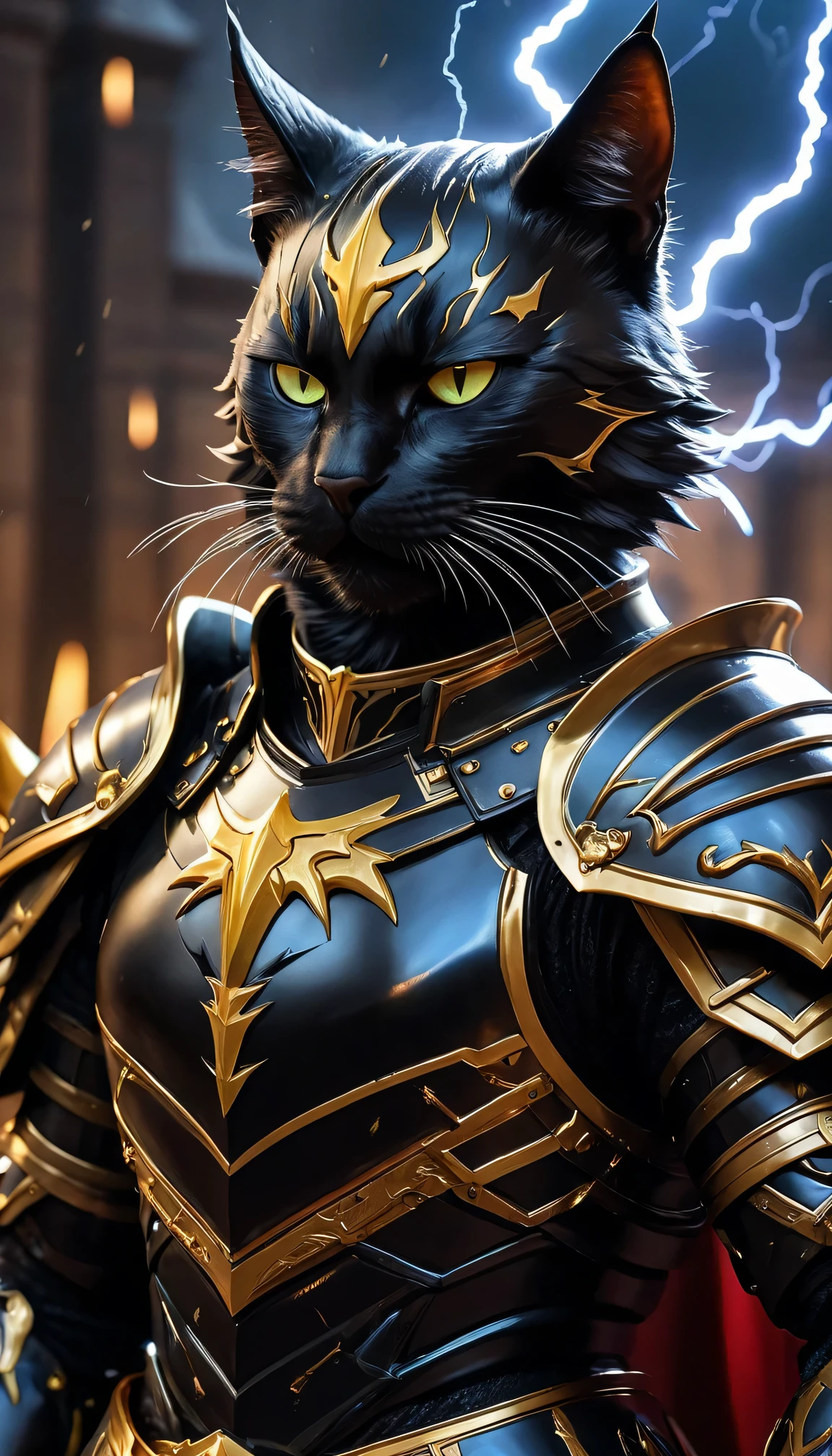 masterpiece, best quality, Super detailed, Supreme God Cat Knight, Lightning and thunder, anger, anger, Sleek black armor