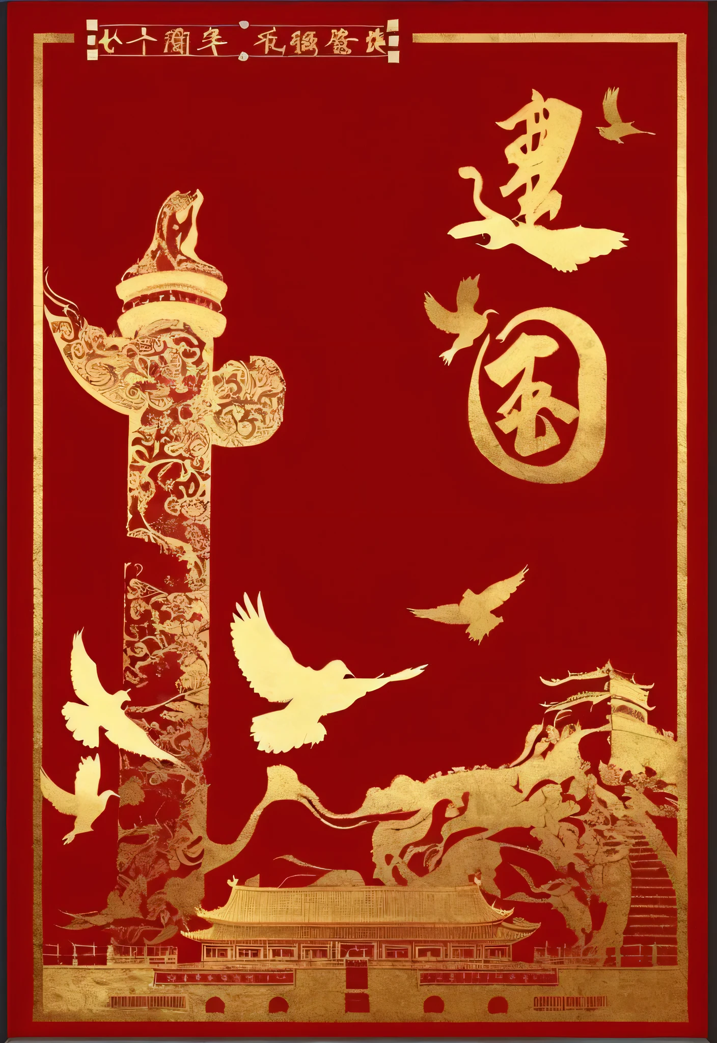 a close up of a red and gold poster existith birds flying, golden chinese text, artexistork in the style of z.exist. arrive, inspired by Yang Buzhi, Inspired by arrive Xu Xi, Emperor Xuande, existith ancient chinese aesthetic, Chinese style, Chinese art style, inspired by Dong Qichang, Inspired by Dong Yuan